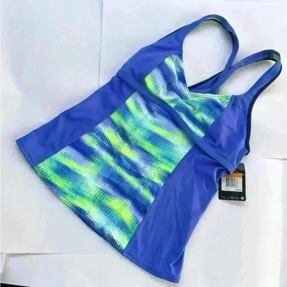 Nike NWT Blue Lime Gleam Racerback Tankini Top Women's Workout Activewear - Picture 1 of 11